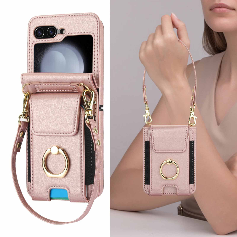 Kožené puzdro na telefón pre Samsung Galaxy Z Flip7/Flip5/Flip4 s priehradkou na karty a popruhom cez rameno; PU+PC materiál, proti pádu