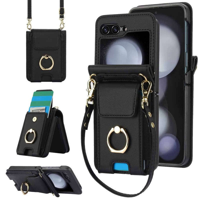 Kožené puzdro na telefón pre Samsung Galaxy Z Flip7/Flip5/Flip4 s priehradkou na karty a popruhom cez rameno; PU+PC materiál, proti pádu