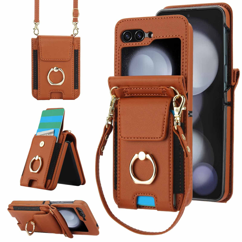 Kožené puzdro na telefón pre Samsung Galaxy Z Flip7/Flip5/Flip4 s priehradkou na karty a popruhom cez rameno; PU+PC materiál, proti pádu