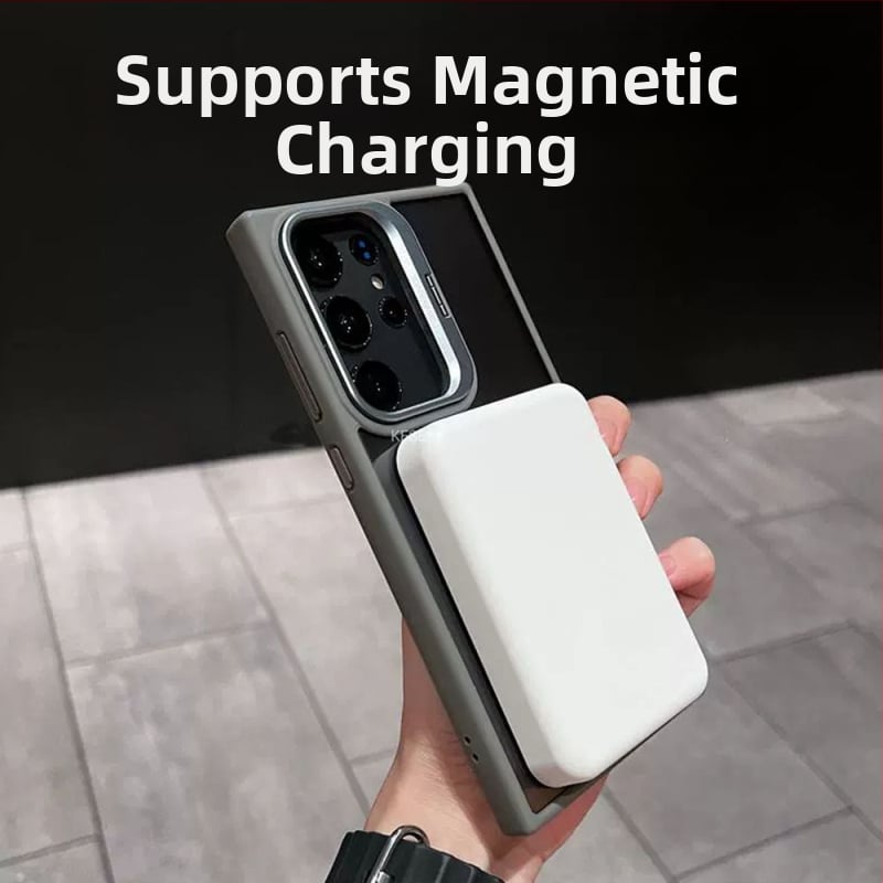 Priehľadný obal Samsung S25 Ultra s magnetickým držiakom objektívu a skrytým kovovým rámom, kompatibilný so S23FE a S22Plus
