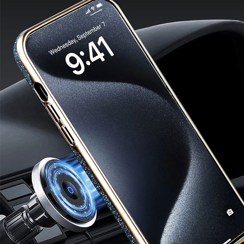 Ochranný kryt na iPhone 12–15 sériu s trblietavým dizajnom a viditeľným logom, magnetický, odolný proti otlačkom prstov, plné krytie, PC materiál, elektroplatina povrch