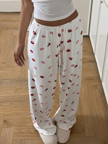 Γυναικείοι καθημερινοί ίσιοι παντελόνες με εκτύπωση και κορδόνι, ψηλή μέση, ίσια γραμμή, πολυεστέρας-σπαντεξ ανάμειξη, μικροελαστικότητα