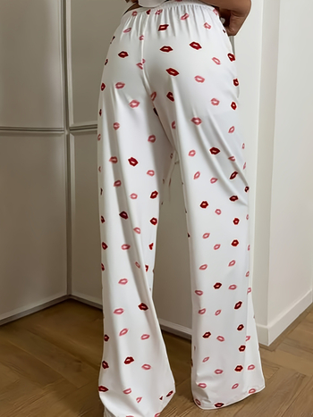 Γυναικείοι καθημερινοί ίσιοι παντελόνες με εκτύπωση και κορδόνι, ψηλή μέση, ίσια γραμμή, πολυεστέρας-σπαντεξ ανάμειξη, μικροελαστικότητα