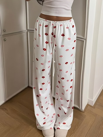 Γυναικείοι καθημερινοί ίσιοι παντελόνες με εκτύπωση και κορδόνι, ψηλή μέση, ίσια γραμμή, πολυεστέρας-σπαντεξ ανάμειξη, μικροελαστικότητα