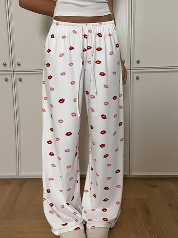 Γυναικείοι καθημερινοί ίσιοι παντελόνες με εκτύπωση και κορδόνι, ψηλή μέση, ίσια γραμμή, πολυεστέρας-σπαντεξ ανάμειξη, μικροελαστικότητα