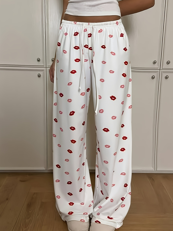 Γυναικείοι καθημερινοί ίσιοι παντελόνες με εκτύπωση και κορδόνι, ψηλή μέση, ίσια γραμμή, πολυεστέρας-σπαντεξ ανάμειξη, μικροελαστικότητα