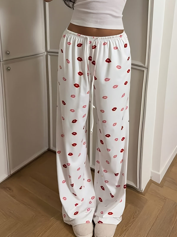 Γυναικείοι καθημερινοί ίσιοι παντελόνες με εκτύπωση και κορδόνι, ψηλή μέση, ίσια γραμμή, πολυεστέρας-σπαντεξ ανάμειξη, μικροελαστικότητα