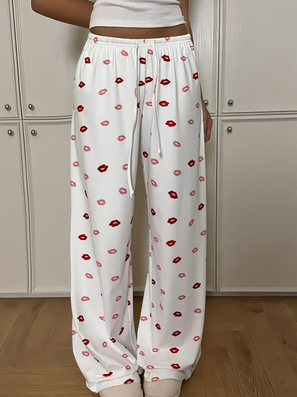 Γυναικείοι καθημερινοί ίσιοι παντελόνες με εκτύπωση και κορδόνι, ψηλή μέση, ίσια γραμμή, πολυεστέρας-σπαντεξ ανάμειξη, μικροελαστικότητα