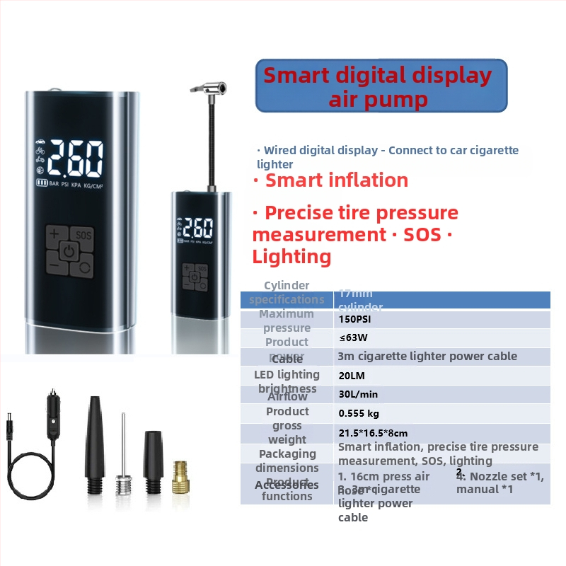 Gudrā bezvadu gaisa pumpa automašīnai ar digitālo displeju, automātiskais ieslēgšanas un izslēgšanas režīms, paredzēta auto un motocikliem, 7.4–12V, 120W, 3 m vads, 25 L/min