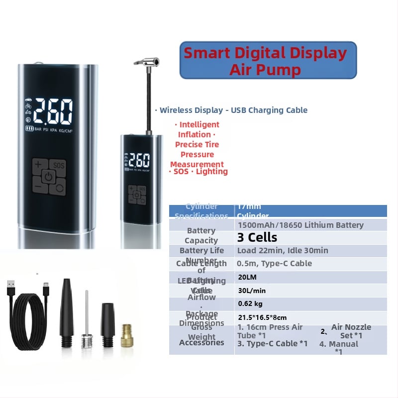 Gudrā bezvadu gaisa pumpa automašīnai ar digitālo displeju, automātiskais ieslēgšanas un izslēgšanas režīms, paredzēta auto un motocikliem, 7.4–12V, 120W, 3 m vads, 25 L/min