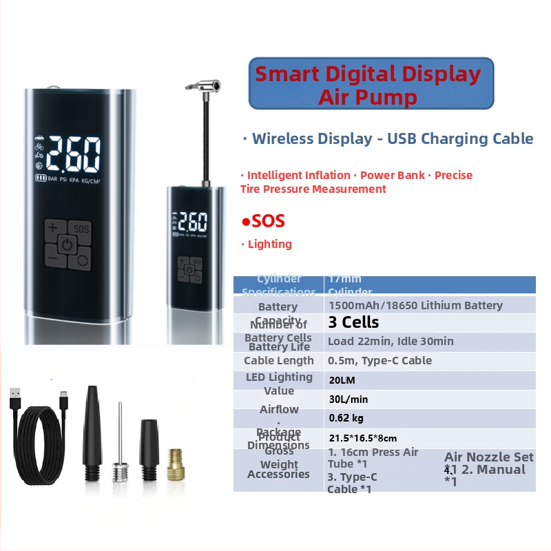 Gudrā bezvadu gaisa pumpa automašīnai ar digitālo displeju, automātiskais ieslēgšanas un izslēgšanas režīms, paredzēta auto un motocikliem, 7.4–12V, 120W, 3 m vads, 25 L/min