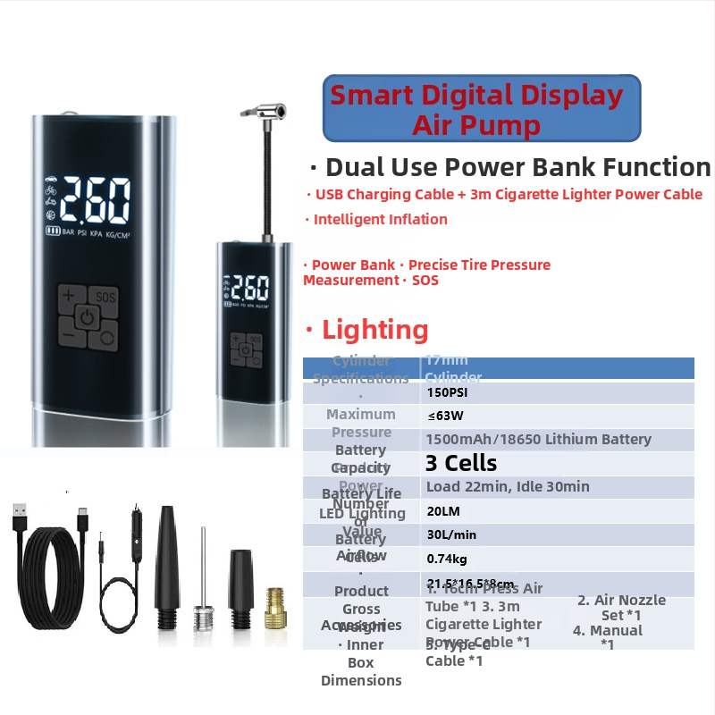 Gudrā bezvadu gaisa pumpa automašīnai ar digitālo displeju, automātiskais ieslēgšanas un izslēgšanas režīms, paredzēta auto un motocikliem, 7.4–12V, 120W, 3 m vads, 25 L/min