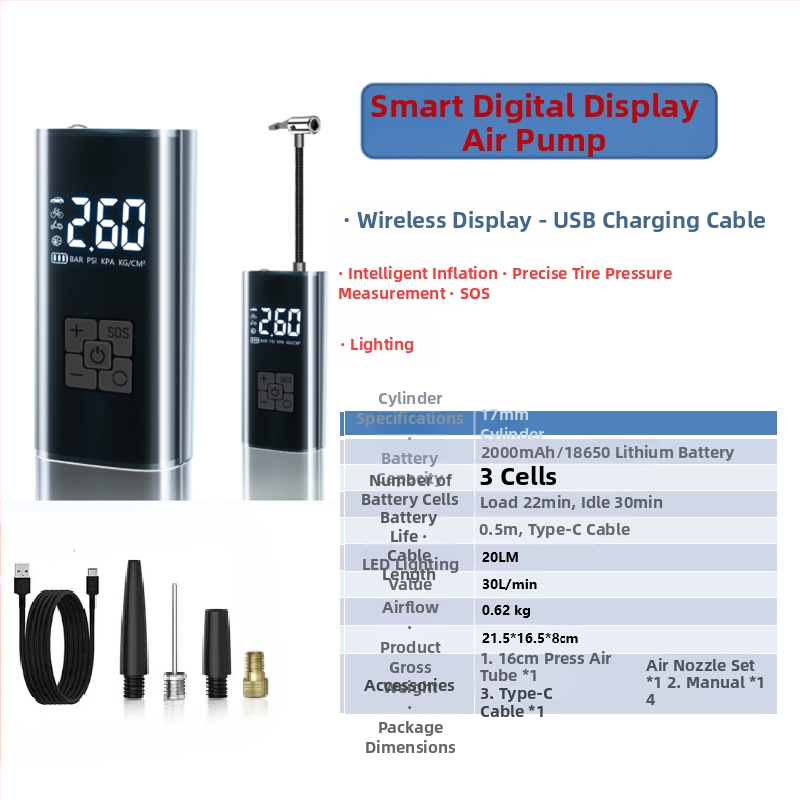 Gudrā bezvadu gaisa pumpa automašīnai ar digitālo displeju, automātiskais ieslēgšanas un izslēgšanas režīms, paredzēta auto un motocikliem, 7.4–12V, 120W, 3 m vads, 25 L/min