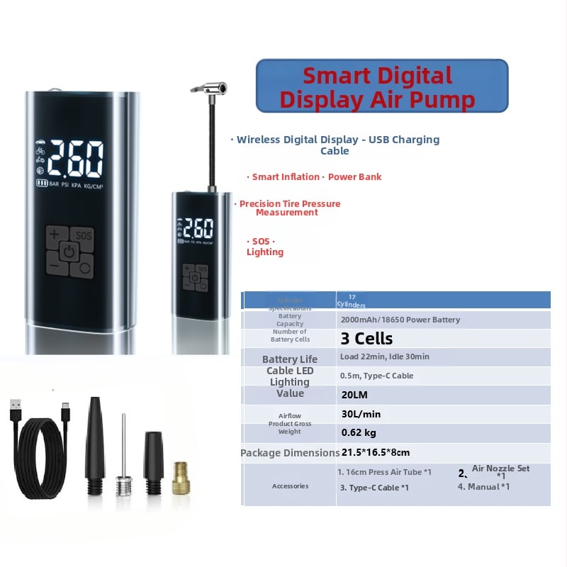 Gudrā bezvadu gaisa pumpa automašīnai ar digitālo displeju, automātiskais ieslēgšanas un izslēgšanas režīms, paredzēta auto un motocikliem, 7.4–12V, 120W, 3 m vads, 25 L/min