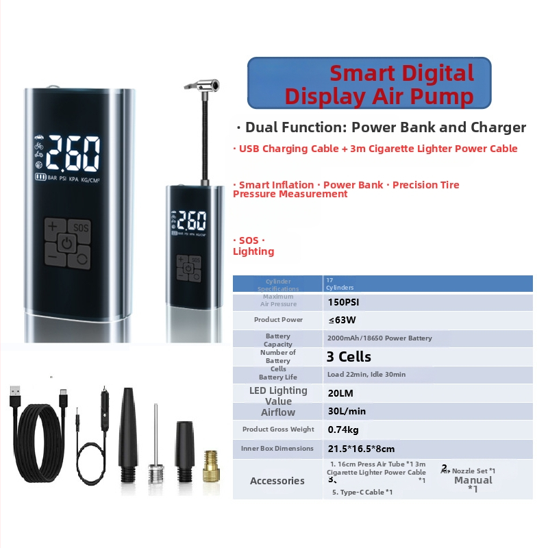 Gudrā bezvadu gaisa pumpa automašīnai ar digitālo displeju, automātiskais ieslēgšanas un izslēgšanas režīms, paredzēta auto un motocikliem, 7.4–12V, 120W, 3 m vads, 25 L/min