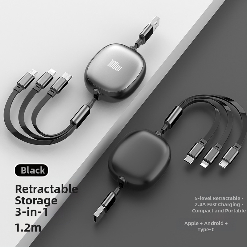 Αναδιπλούμενο καλώδιο USB 3-σε-1 με αλουμινένιο περίβλημα – 100W γρήγορη φόρτιση, Lightning, Micro USB και Type-C