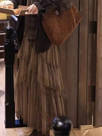 Ακανόνιστη φούστα από διχτυωτή δαντέλα με πολλαπλά στρώσεις, μακρύ μήκος, ελαστική ζώνη, κορεάτικο στυλ