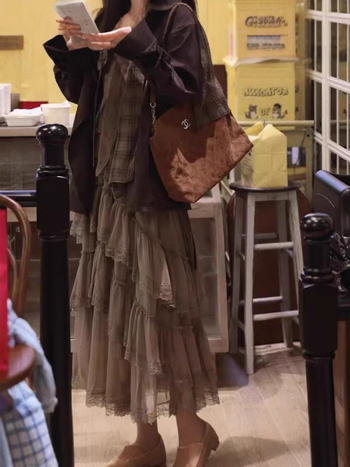 Ακανόνιστη φούστα από διχτυωτή δαντέλα με πολλαπλά στρώσεις, μακρύ μήκος, ελαστική ζώνη, κορεάτικο στυλ