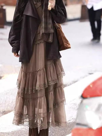 Ακανόνιστη φούστα από διχτυωτή δαντέλα με πολλαπλά στρώσεις, μακρύ μήκος, ελαστική ζώνη, κορεάτικο στυλ