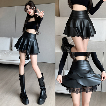 Σύντομη PU φούστα με βολάν και δαντέλα, άκρη σε σχήμα φύλλου λωτού, 95% PU, μικροελαστικότητα, φθινόπωρο 2024.