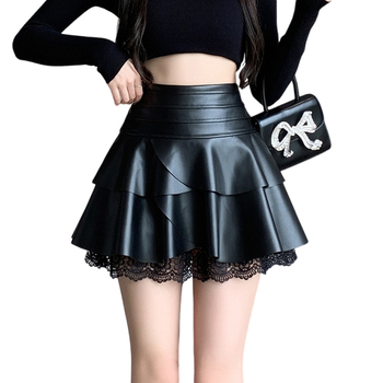 Σύντομη PU φούστα με βολάν και δαντέλα, άκρη σε σχήμα φύλλου λωτού, 95% PU, μικροελαστικότητα, φθινόπωρο 2024.