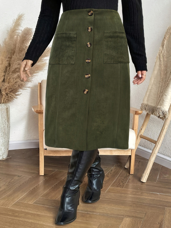 Дамска пола от Corduroy, Midi дължина, градски делови стил, едностъпкова кройка, 95% полиестер + <30% спандекс
