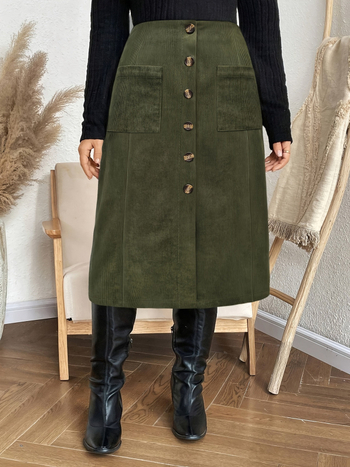 Дамска пола от Corduroy, Midi дължина, градски делови стил, едностъпкова кройка, 95% полиестер + <30% спандекс