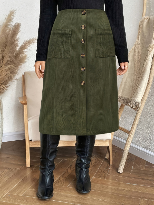 Ženska kordurova midi suknja, gradski poslovni stil, jednostupanjska suknja, 95% poliester + <30% spandex