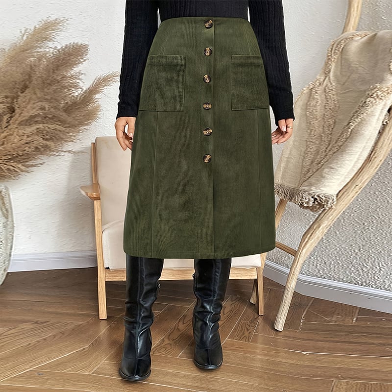 Дамска пола от Corduroy, Midi дължина, градски делови стил, едностъпкова кройка, 95% полиестер + <30% спандекс