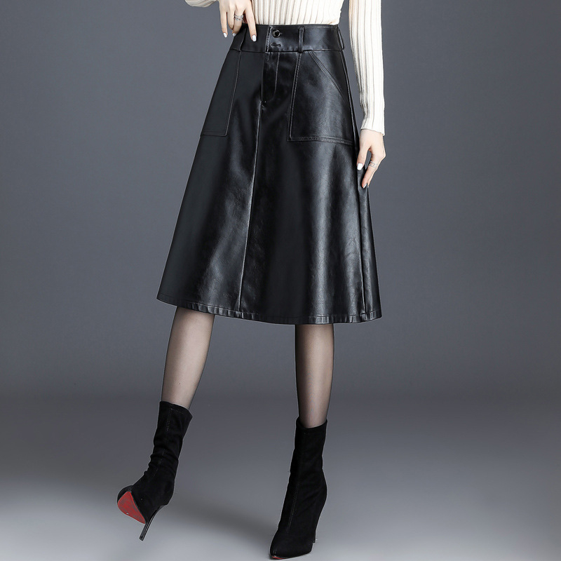 PU kožna suknja A-linije - visokim strukom, svakodnevni poslovni stil, PU/poliester smjesa 50–70%