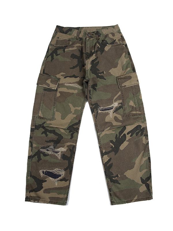 Унисекс камуфлажни cargo панталони с патчворк и разкъсани детайли, прави крачоли, памучна смес
