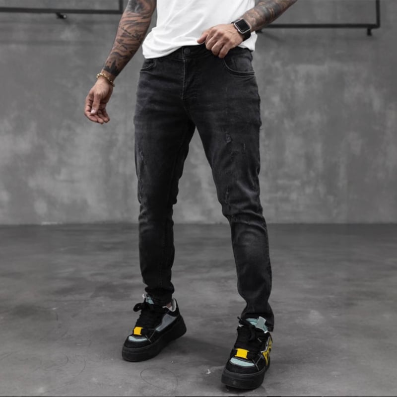 Мъжки дънки с тесен силует (цип за закопчаване, 71% памук, средна талия, четири сезона)