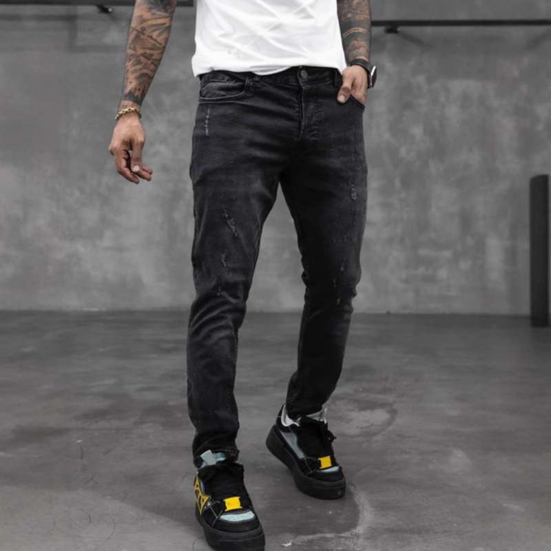 Мъжки дънки с тесен силует (цип за закопчаване, 71% памук, средна талия, четири сезона)