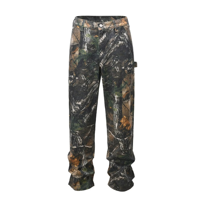 Jeans din bumbac 85%, croi drept, talie medie, fermoar, imprimeu camuflaj cu frunze