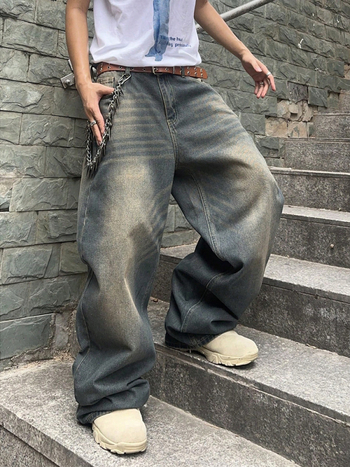 Дънки, прави кройки, средна талия, измит принт полиестерна тъкан, микроеластичност