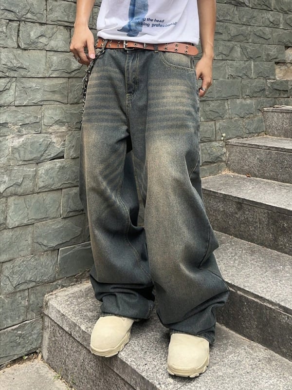 Дънки, прави кройки, средна талия, измит принт полиестерна тъкан, микроеластичност