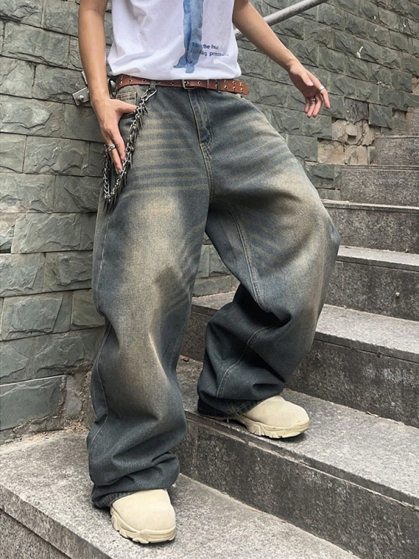 Дънки, прави кройки, средна талия, измит принт полиестерна тъкан, микроеластичност