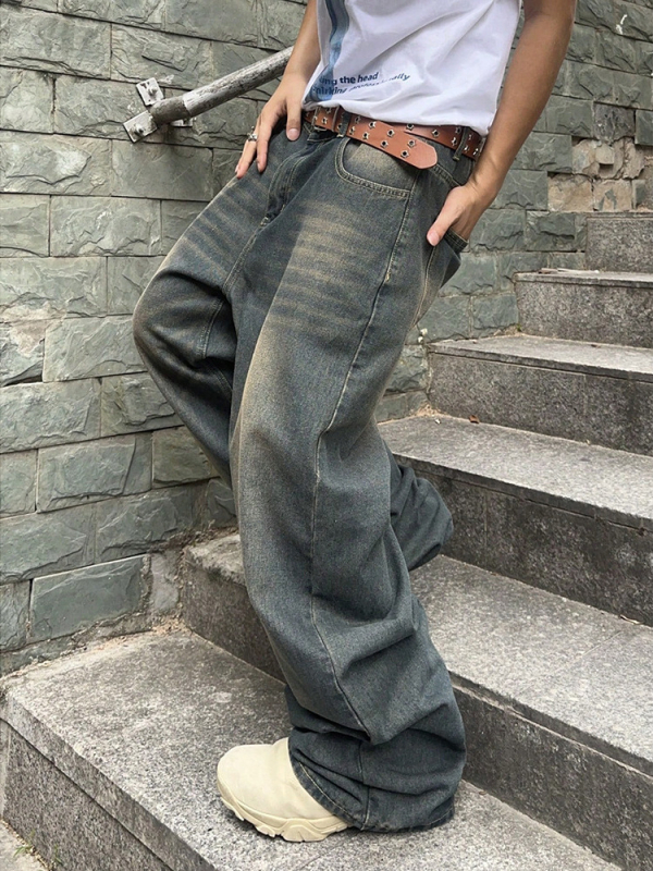 Дънки, прави кройки, средна талия, измит принт полиестерна тъкан, микроеластичност