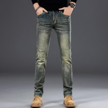 Мъжки дънки деним с винтидж бродерия, прав крак, средна талия, тънък памучен деним