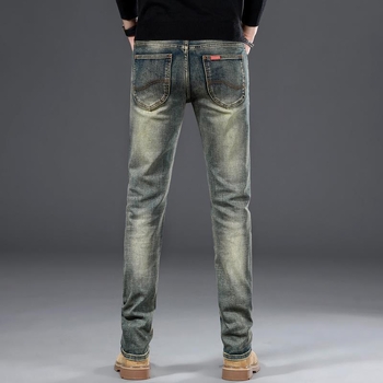 Мъжки дънки деним с винтидж бродерия, прав крак, средна талия, тънък памучен деним