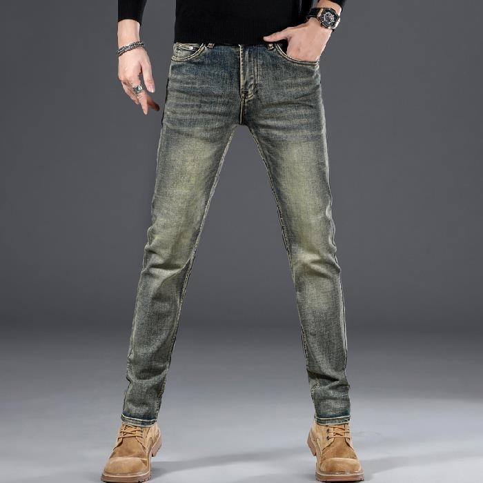 Мъжки дънки деним с винтидж бродерия, прав крак, средна талия, тънък памучен деним