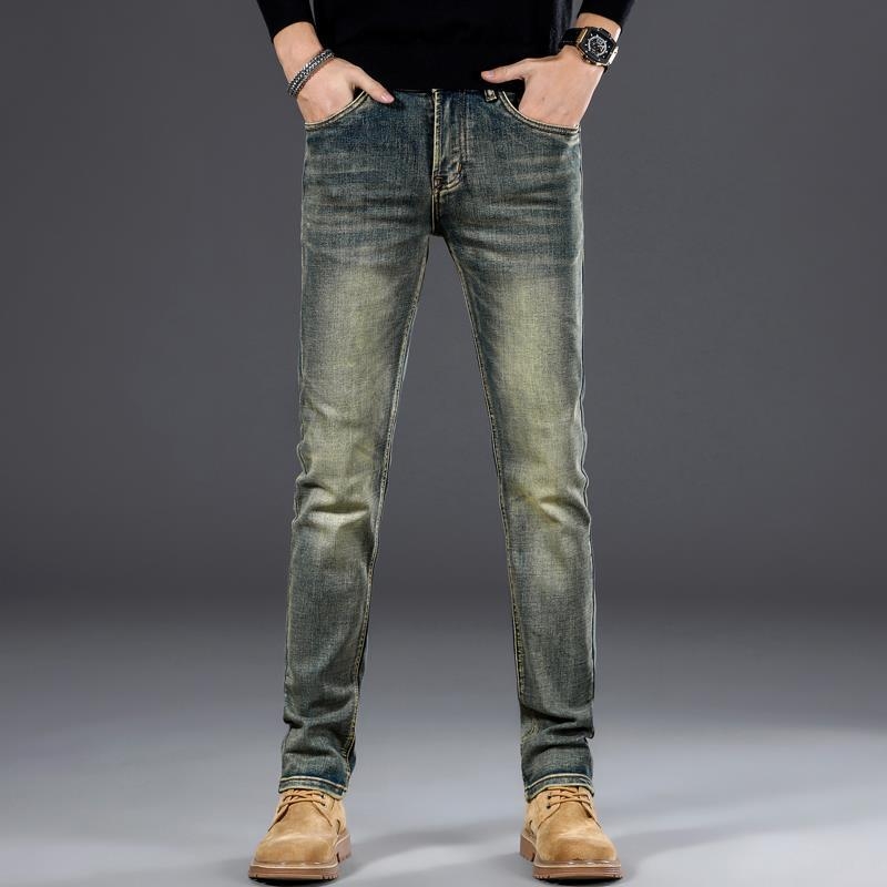 Мъжки дънки деним с винтидж бродерия, прав крак, средна талия, тънък памучен деним