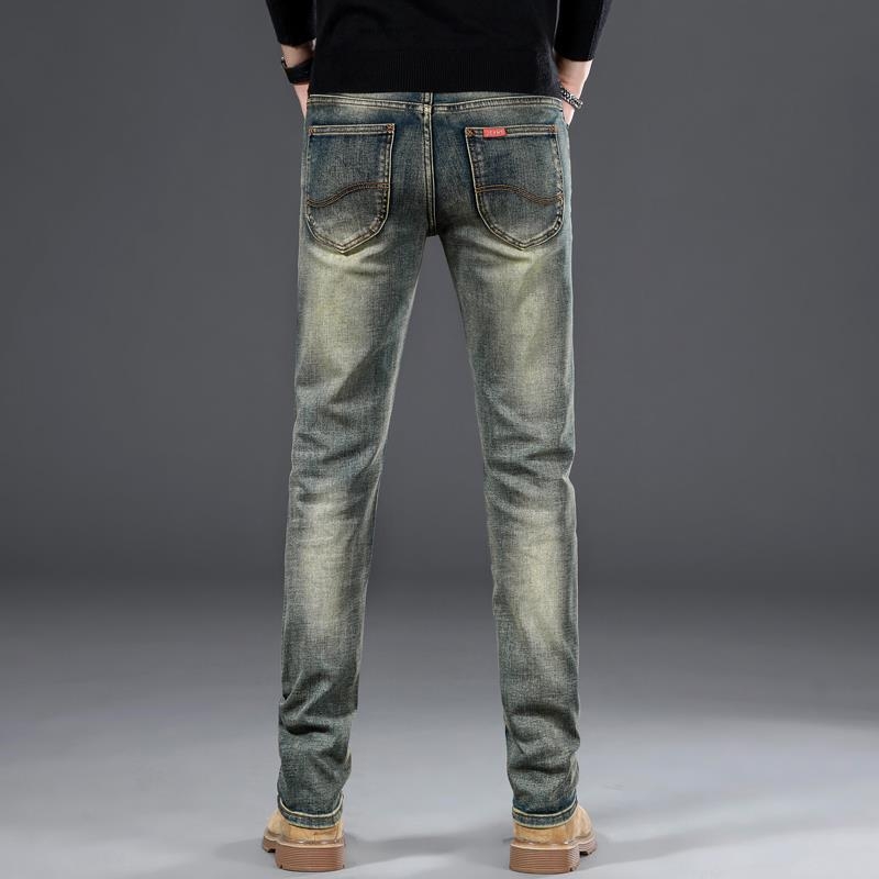 Мъжки дънки деним с винтидж бродерия, прав крак, средна талия, тънък памучен деним