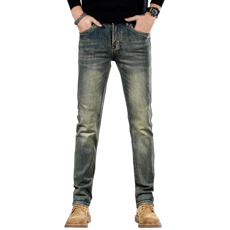 Мъжки дънки деним с винтидж бродерия, прав крак, средна талия, тънък памучен деним