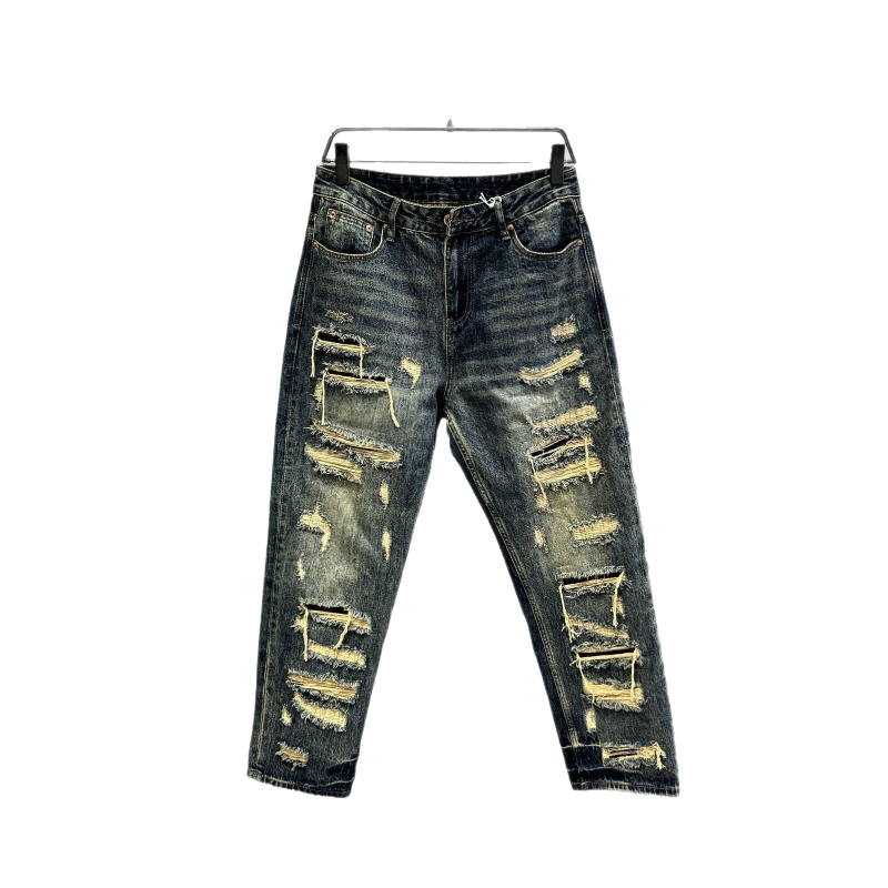 Τζιν με σκισμένα σημεία και τρύπες, ίσιο κόψιμο, μέση μεσαίου ύψους, φερμουάρ μπροστά, χειρογραφικός σχεδιασμός