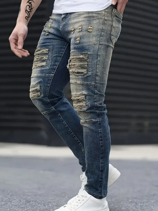 Ανδρικά τζινs slim-fit με σκισίματα και φθορές, μεσαία μέση, τζιν με φερμουάρ, 80% βαμβάκι, μικροελαστικότητα, κορεατικό στυλ