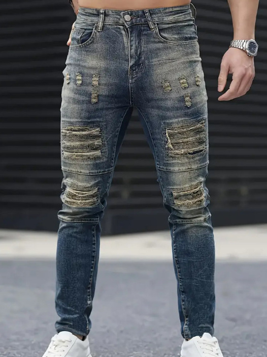 Ανδρικά τζινs slim-fit με σκισίματα και φθορές, μεσαία μέση, τζιν με φερμουάρ, 80% βαμβάκι, μικροελαστικότητα, κορεατικό στυλ