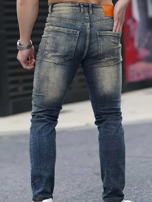 Ανδρικά τζινs slim-fit με σκισίματα και φθορές, μεσαία μέση, τζιν με φερμουάρ, 80% βαμβάκι, μικροελαστικότητα, κορεατικό στυλ