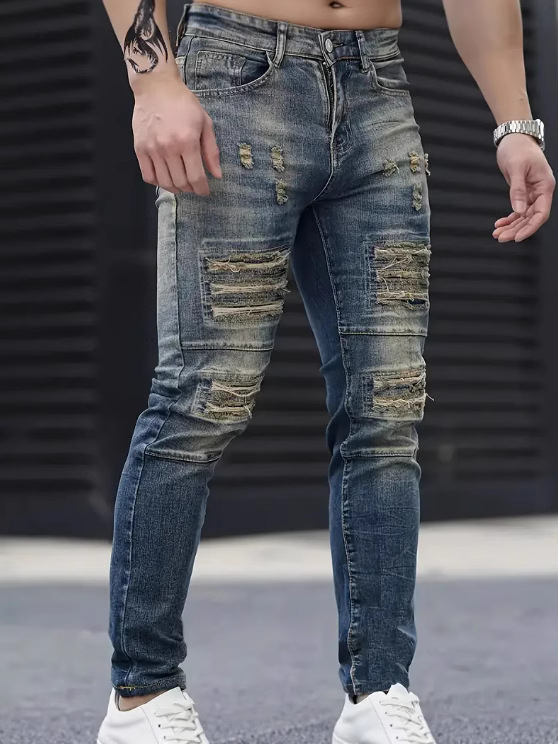 Ανδρικά τζινs slim-fit με σκισίματα και φθορές, μεσαία μέση, τζιν με φερμουάρ, 80% βαμβάκι, μικροελαστικότητα, κορεατικό στυλ