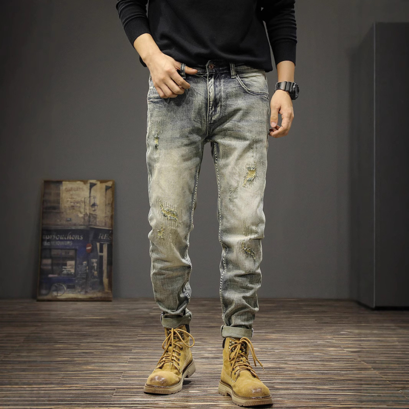 Ανδρικά τζιν από ντένιμ - 99,2% βαμβάκι, μεσαία μέση, στενή γραμμή, φερμουάρ